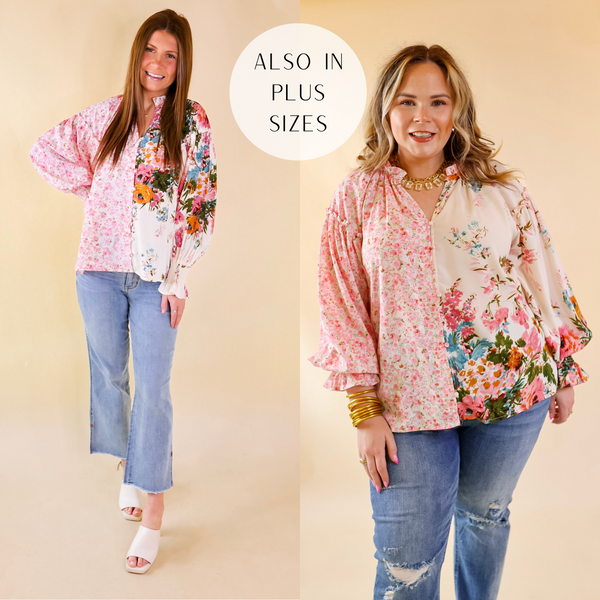 Model is wearing a button up blouse with long sleeves and a mix floral print. Model has this blouse paired with light wash jeans, a leather bag, and glitter sneakers.