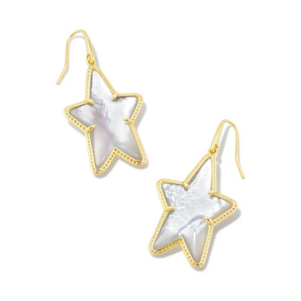 Pictured on a white background are gold fish hook earrings with a gold star dangle that includes an ivory colored star shaped stone. 