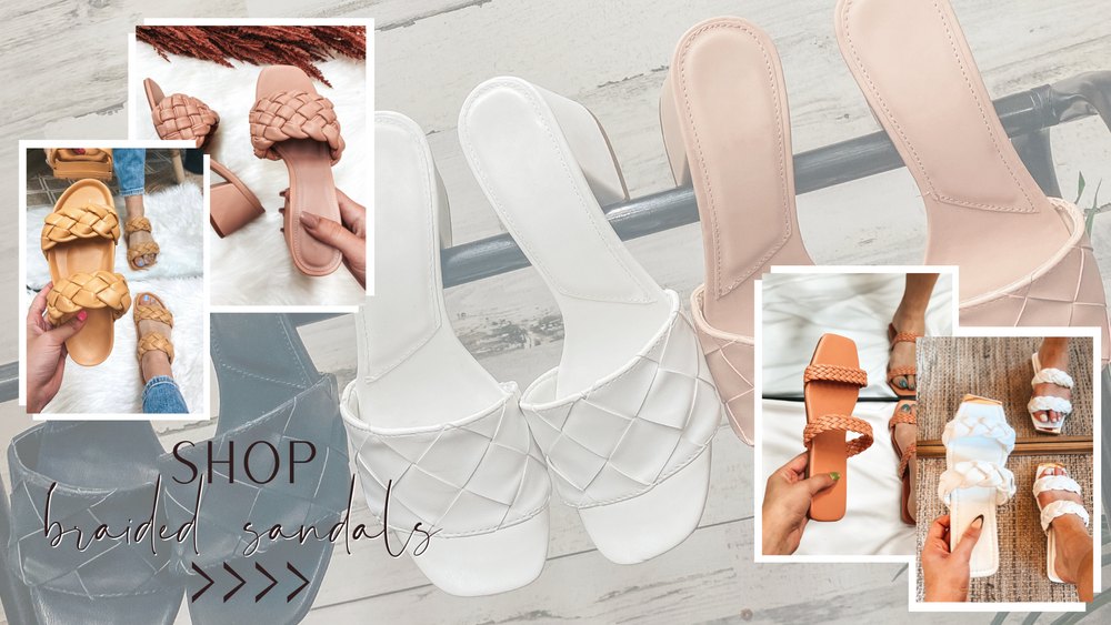 faded images of heeled sandals with four photos of other heeled two strap sandals in the upper left and lower right corners of the image.