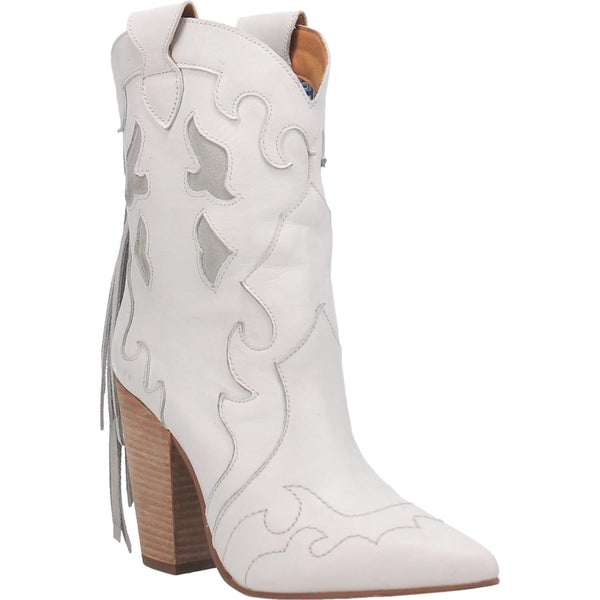 The boots shown are an ankle bootie with a rounded pointed toe made of genuine suede leather. They are white with a party fringe in the back and intricate detailing. 