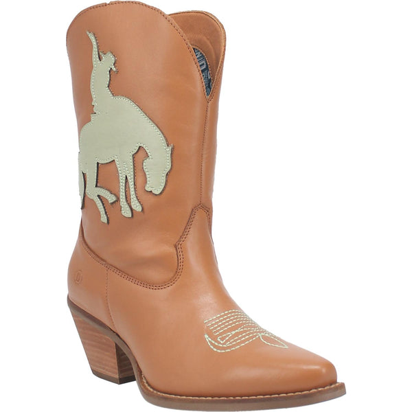 The boots shown are a mid calf height with a rounded pointed toe. They are genuine leather. They are camel brown with a tan leather piece sewn on each side of a bronc rider.