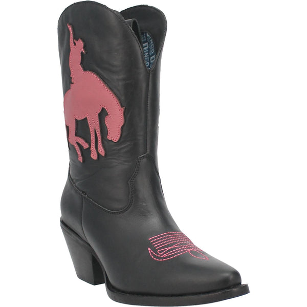 The boots shown are a mid calf height with a rounded pointed toe. They are genuine leather. They are black with a pink leather piece sewn on each side of a bronc rider.