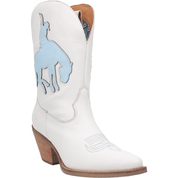 The boots shown are a mid calf height with a rounded pointed toe. They are genuine leather. They are white with a blue leather piece sewn on each side of a bronc rider. 