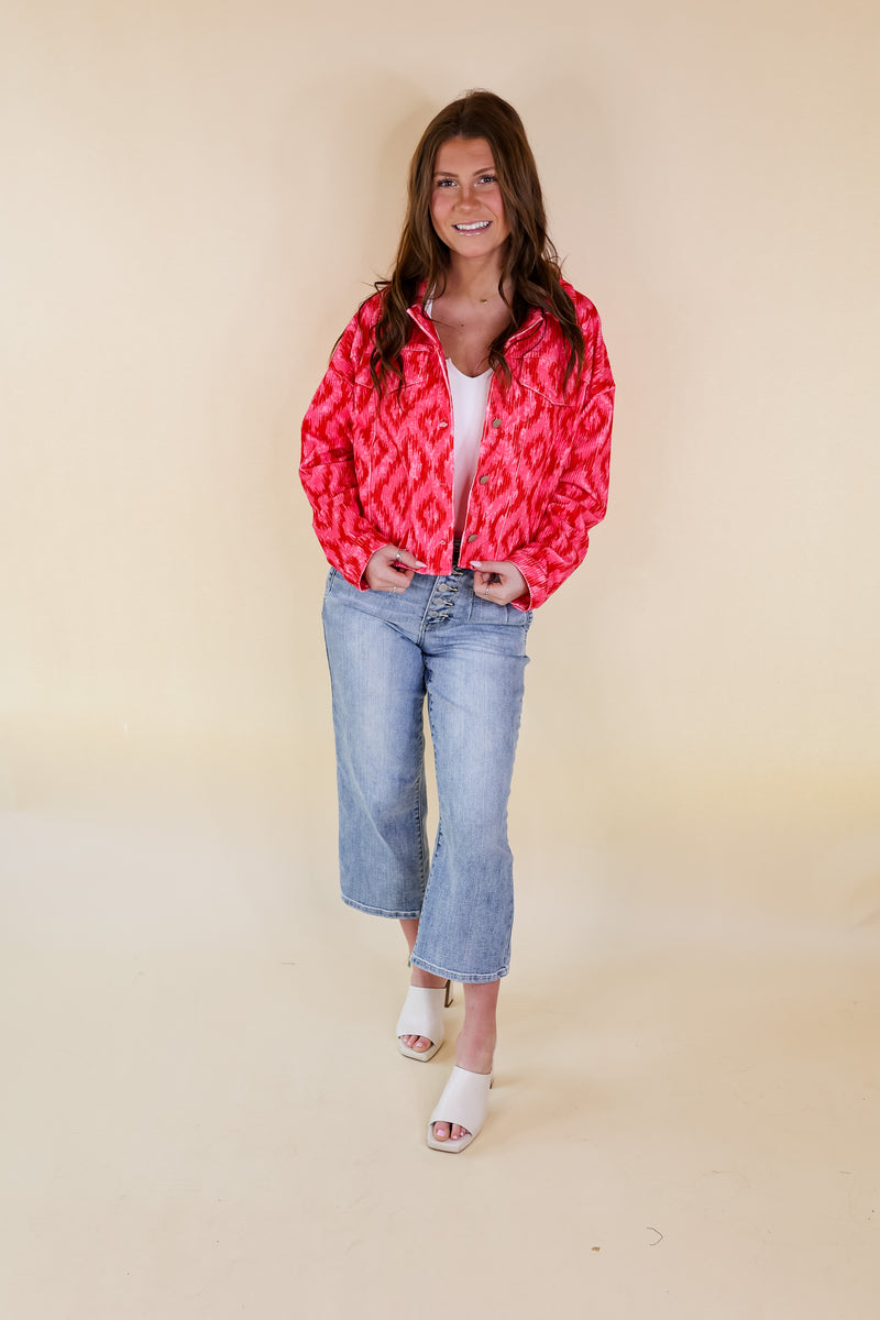 Stay Sweet Mosaic Print Corduroy Jacket with Crystal Fringe Back in Pink and Red
