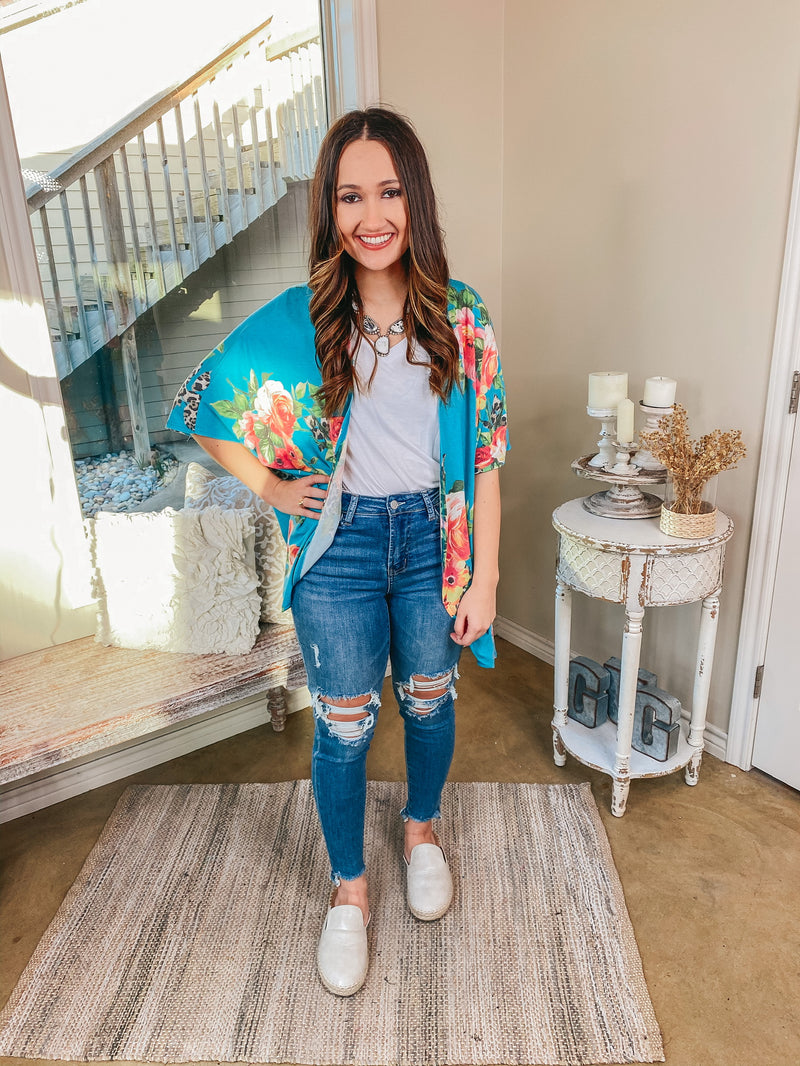 Toes in the Sand Leopard and Floral Print Kimono in Jade