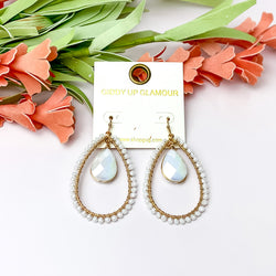 White Iridescent Stone Inside Open Beaded Teardrop Earrings with Gold Tone Outline