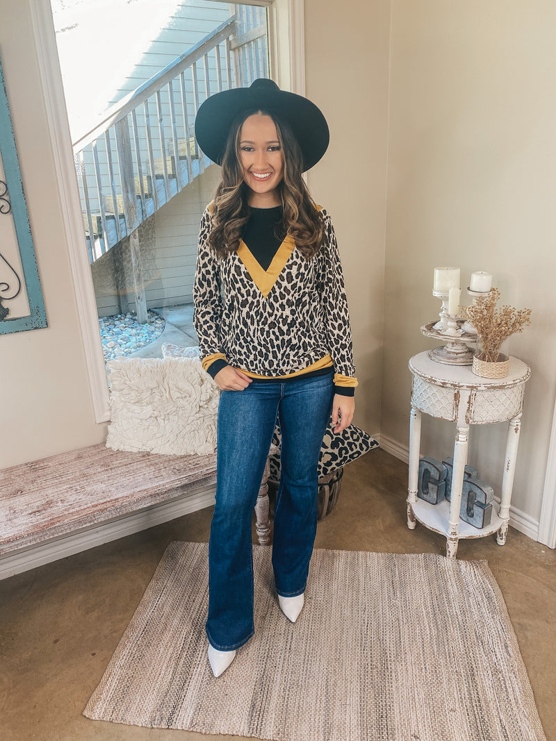 A Wild Mindset Leopard and Black Color Block Top with Yellow Trim