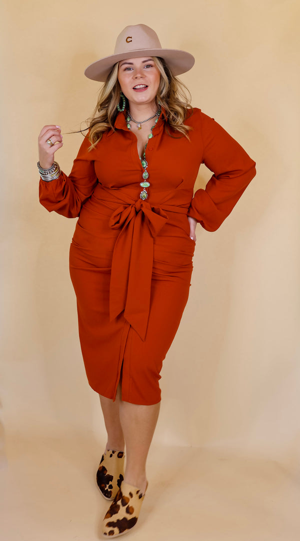 Heart On The Line Button Up Ruched Front Midi Dress with Waist Tie in Rust Orange