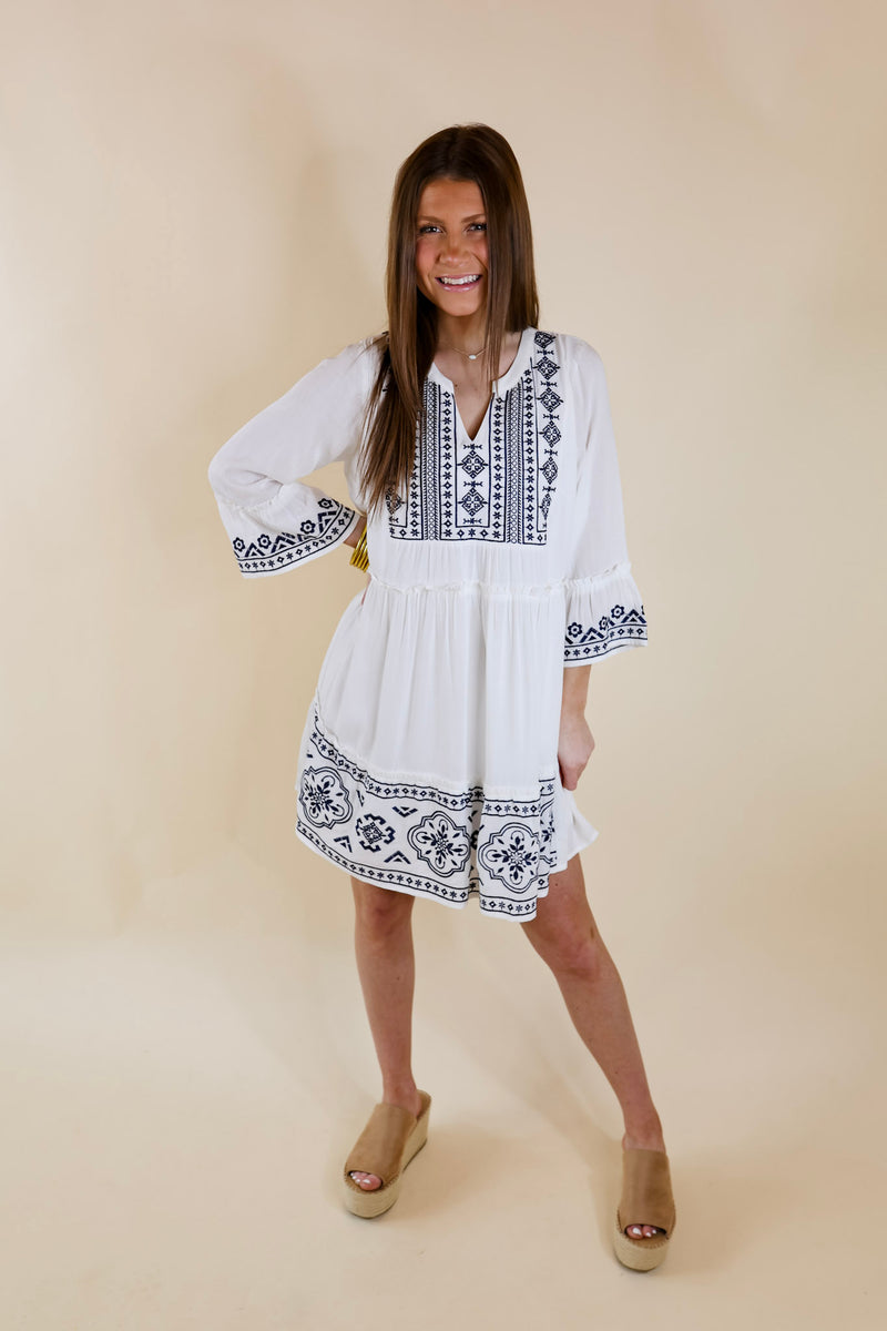 Peaceful And Pretty Navy Embroidered Dress with Notched Neckline in White
