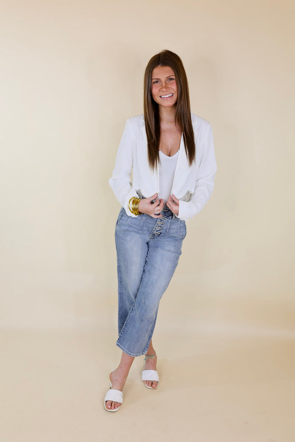 Time For Magic Cropped Blazer with Crystal Fringe Trim in White