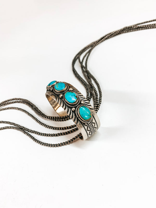 P Yazzie | Navajo Handmade Sterling Silver Cuff with 5 Turquoise Oval Stones