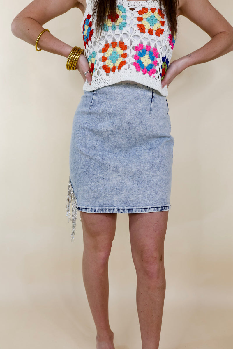 Grandest Moments Denim Mini Skirt with Crystal Fringe in Light Wash