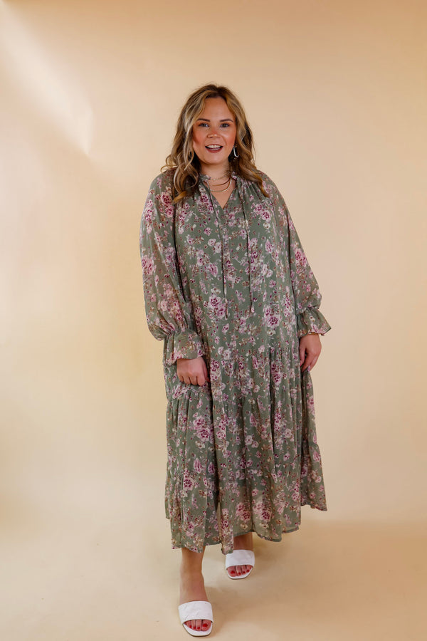 Tuscan Nights Long Sleeve High Neck Floral Midi Dress in Sage