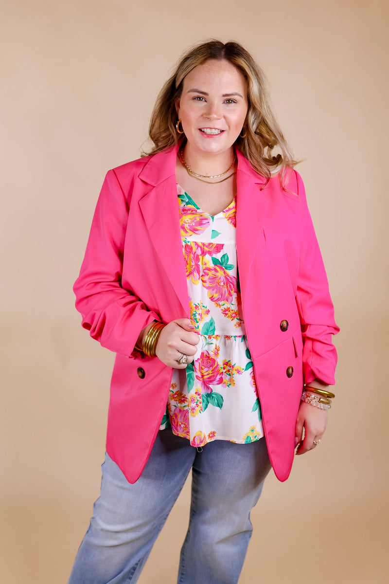 Editors Choice 3/4 Sleeve Double Button Blazer in Hot Pink