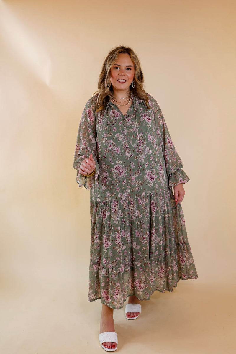 Tuscan Nights Long Sleeve High Neck Floral Midi Dress in Sage