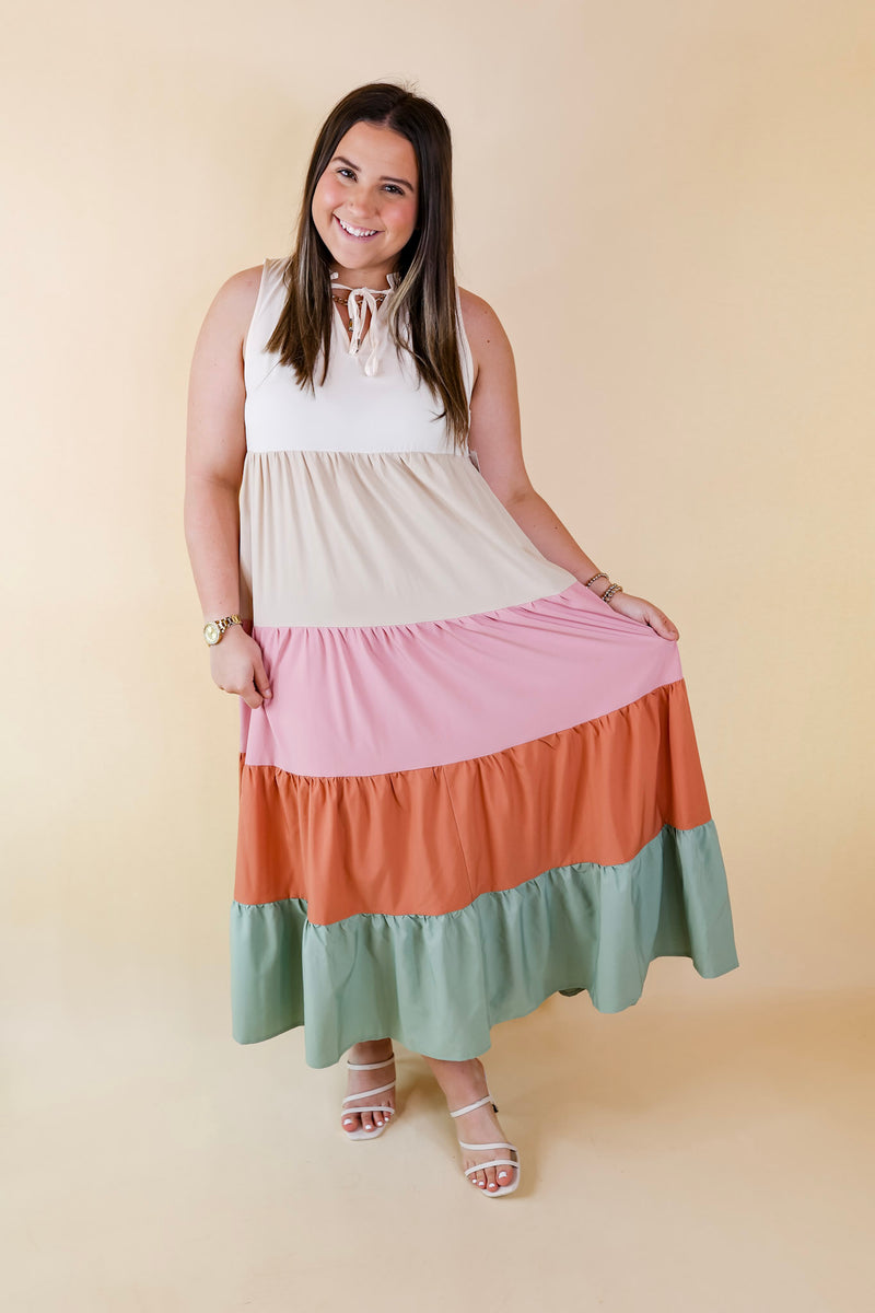 Calm Waters High Neck Tiered Maxi Dress in Cream Mix