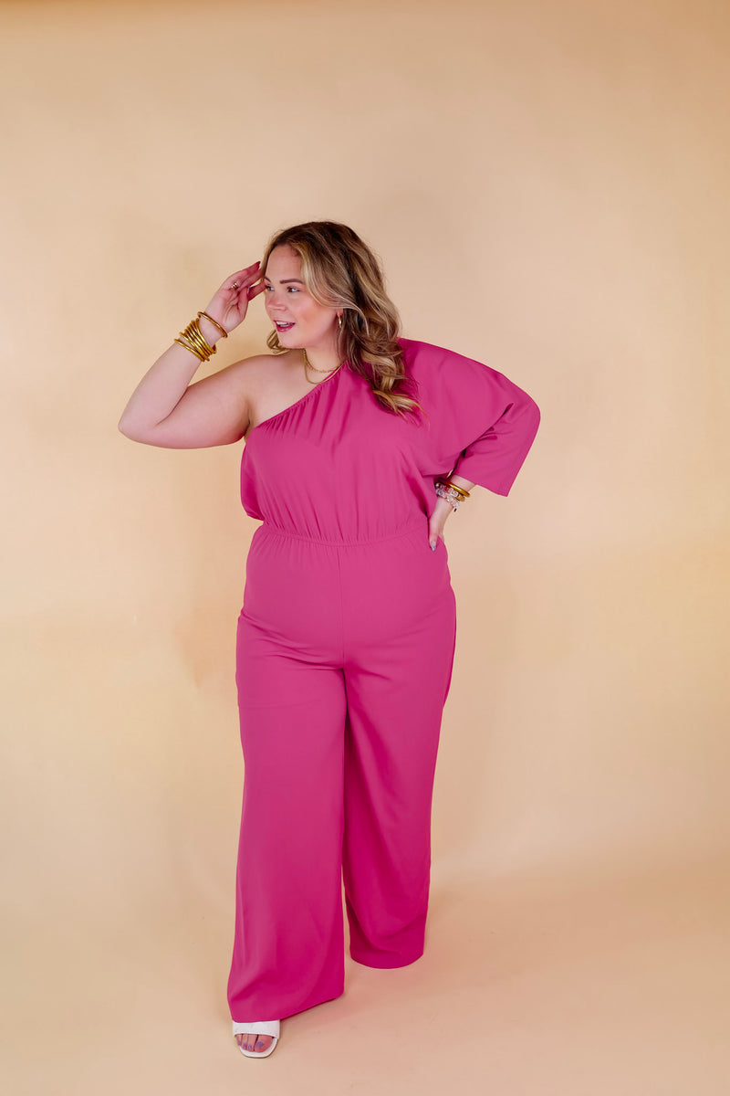 Ready To Wow One Shoulder Wide Leg Jumpsuit in Pink