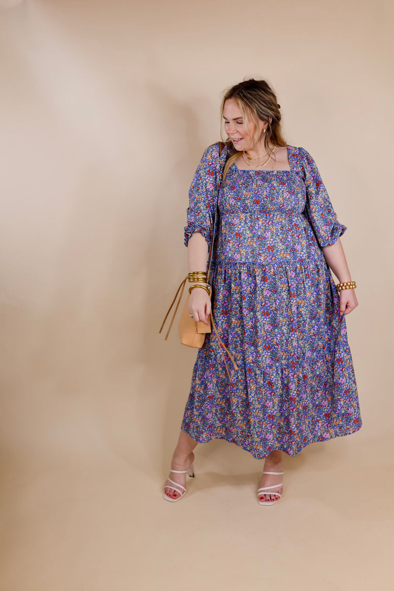 Spring Blooms Smocked Floral Maxi Dress in Blue