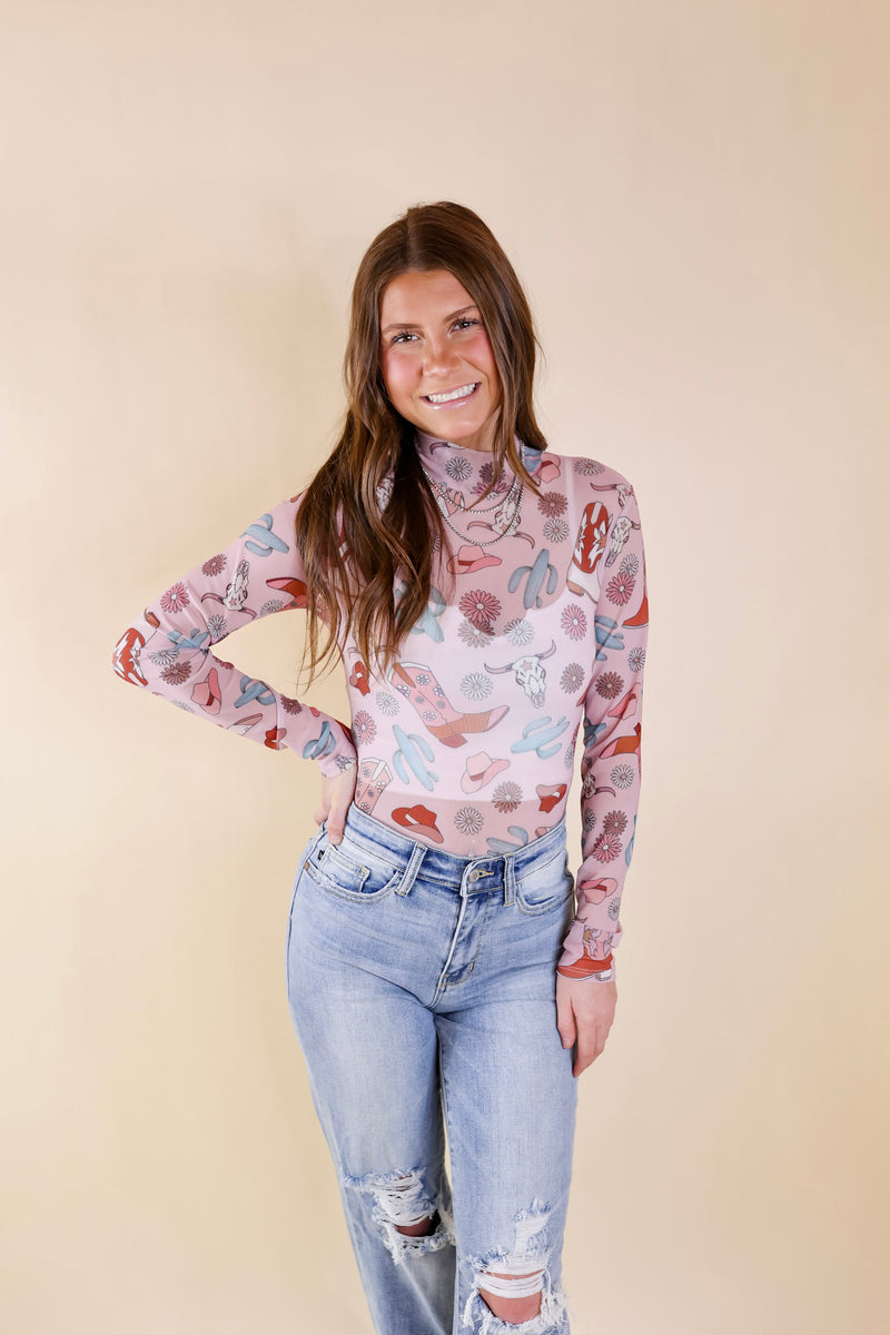 Try Your Luck Western Print Mesh Long Sleeve Bodysuit in Blush Pink