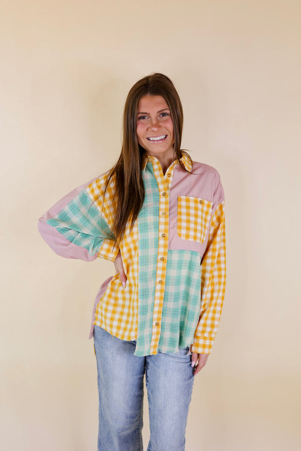 Sandy Shore Plaid Print Block Button Up Top with Raw Hem in Mustard Yellow Mix