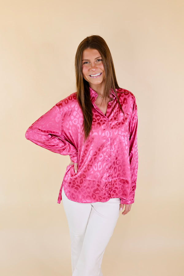 Top It Off Long Sleeve Button Up Satin Leopard Top in Hot Pink