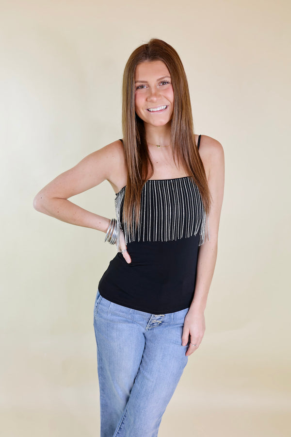 It Crowd Spaghetti Strap Top with Crystal Fringe in Black