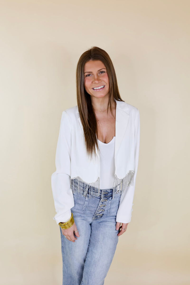 Time For Magic Cropped Blazer with Crystal Fringe Trim in White