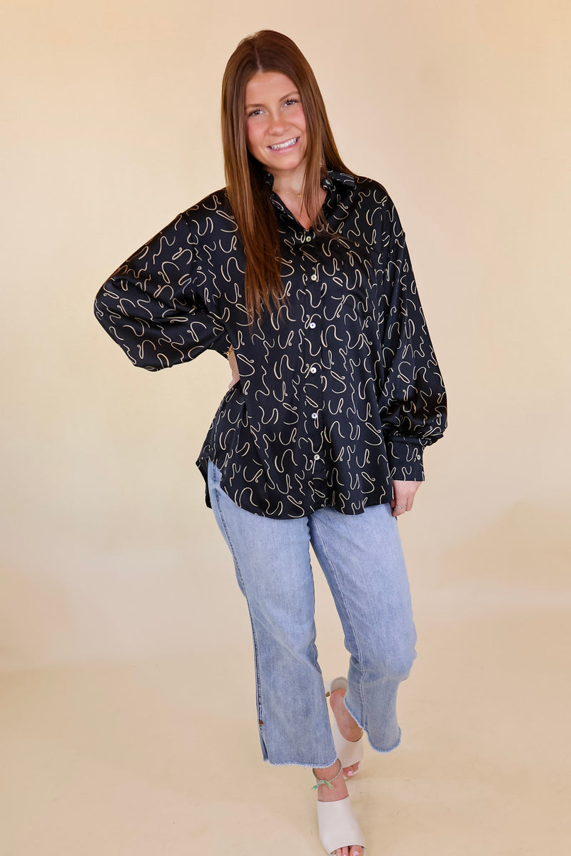 Endlessly Obsessed Satin Button Up Swirl Print Top in Black