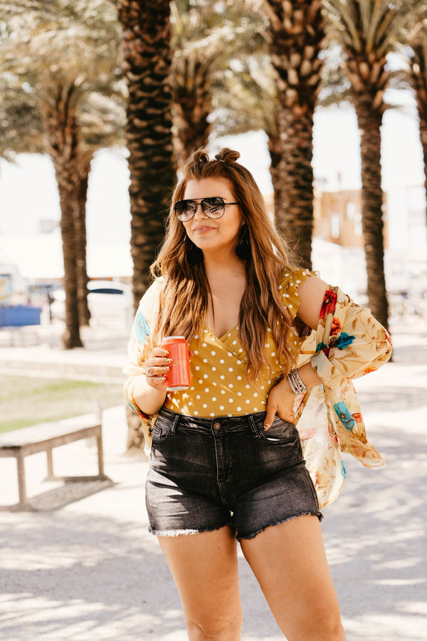 Always Confident Polka Dot Wrapped One Piece Swimsuit with Ruffled Straps in Yellow