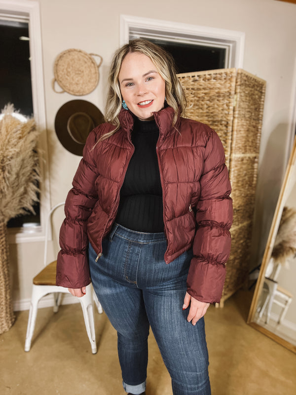 Wrapped In Cozy Cropped Puffer Jacket in Maroon