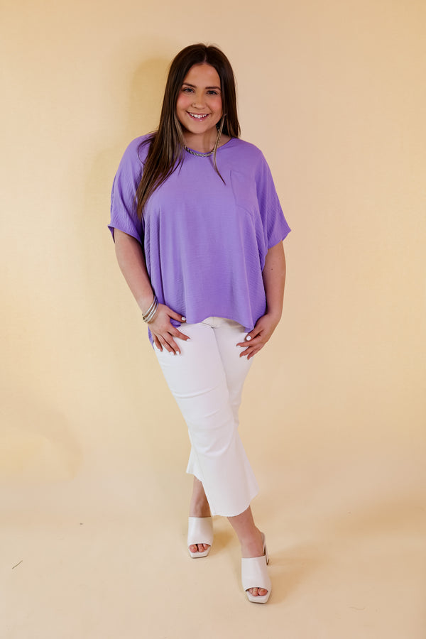 Try To Resist Short Sleeve V Neck Top with Front Pocket in Lavender Purple