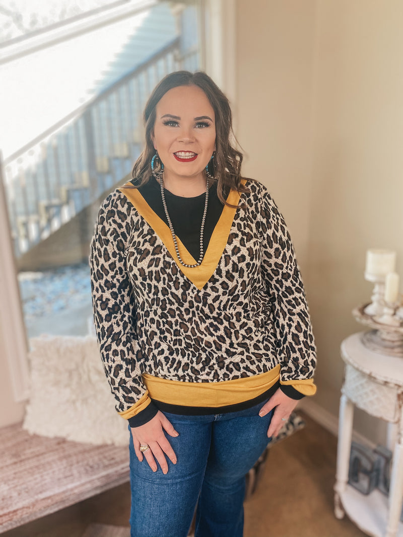 A Wild Mindset Leopard and Black Color Block Top with Yellow Trim