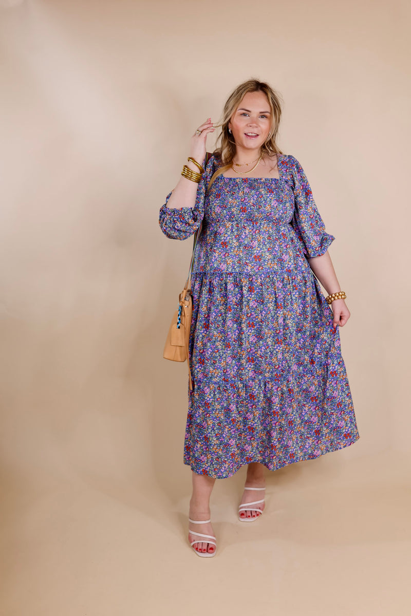 Spring Blooms Smocked Floral Maxi Dress in Blue