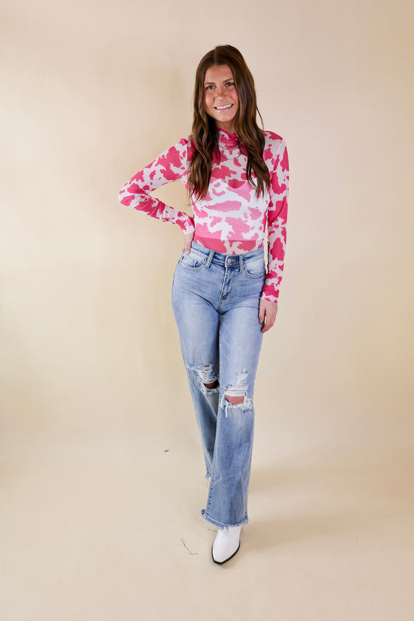 Try Your Luck Cow Print Mesh Long Sleeve Bodysuit in Pink