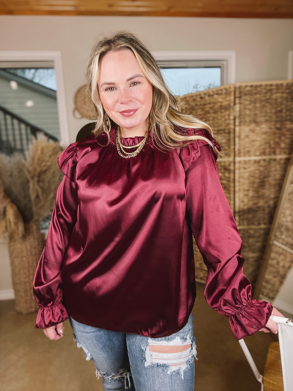 Can't Stop Me Ruffle Mock Neck Long Sleeve Satin Top in Maroon