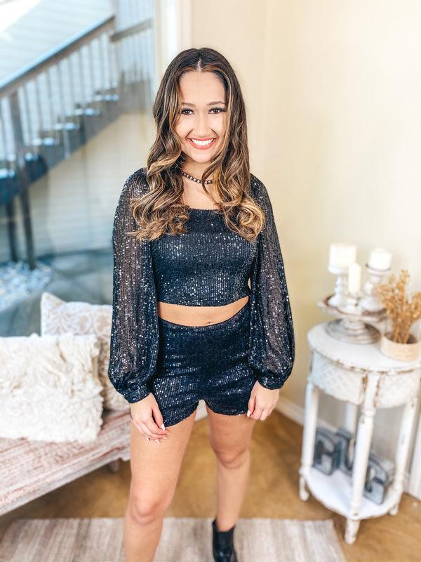 Sippin' Pretty Sequin Square Neck Long Sleeve Crop Top in Black