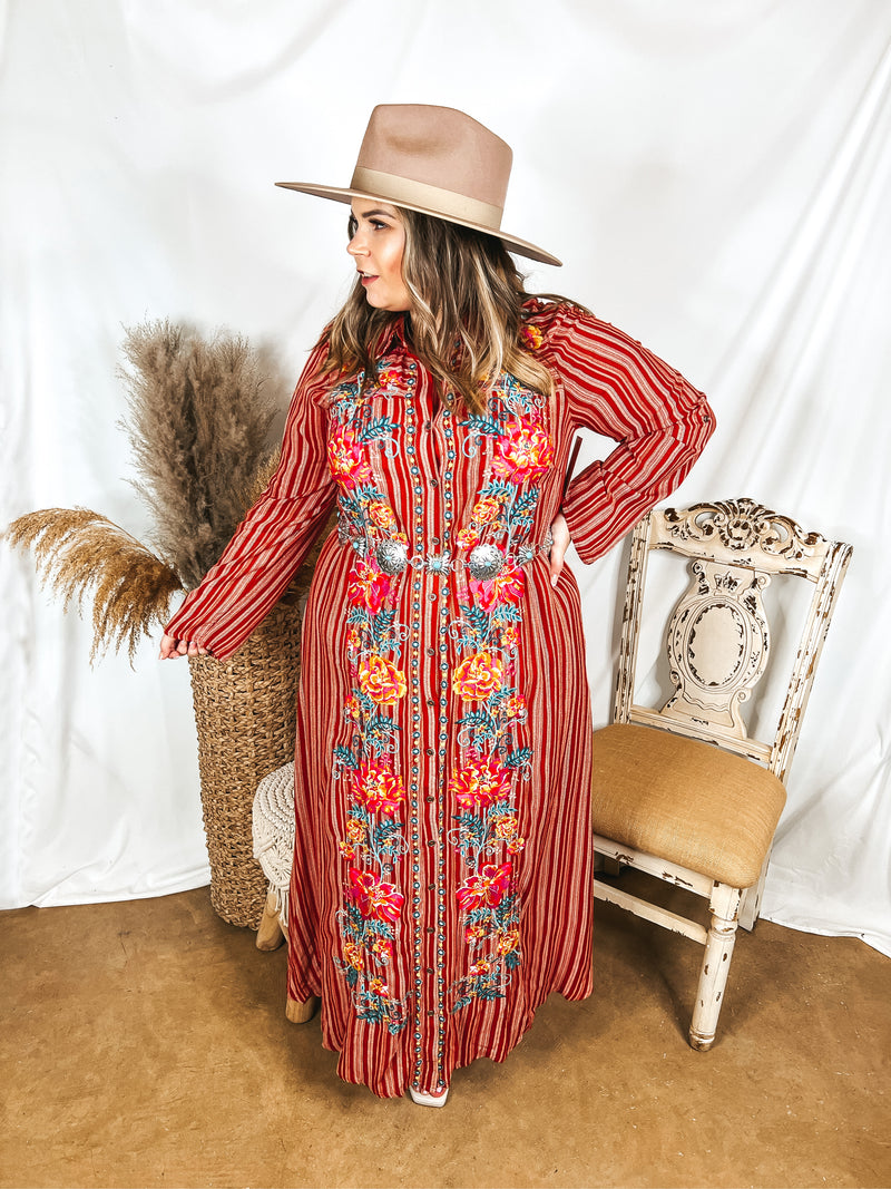 I'm All That Long Striped Button Up Maxi Dress with Multi Color Floral Print Embroidery in Rust