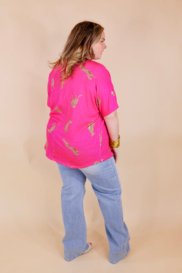 Wild Side Cheetah Print V Neck Top with Short Sleeves in Hot Pink