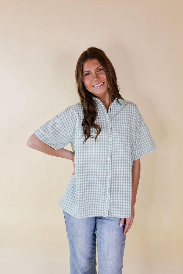 What A Rush Button Up Gingham Short Sleeve Top in Sage Green