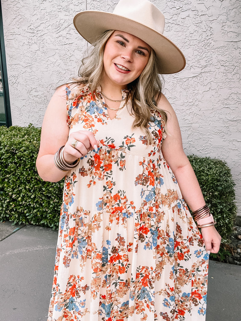 Share The Love Notched Neck Tiered Floral Maxi Dress in Ivory