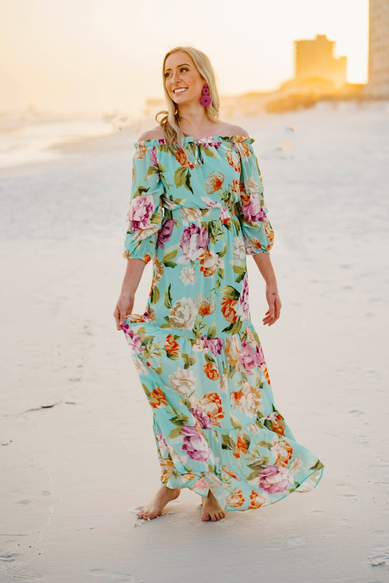 In Focus Light Off the Shoulder Floral Maxi Dress in Mint Green