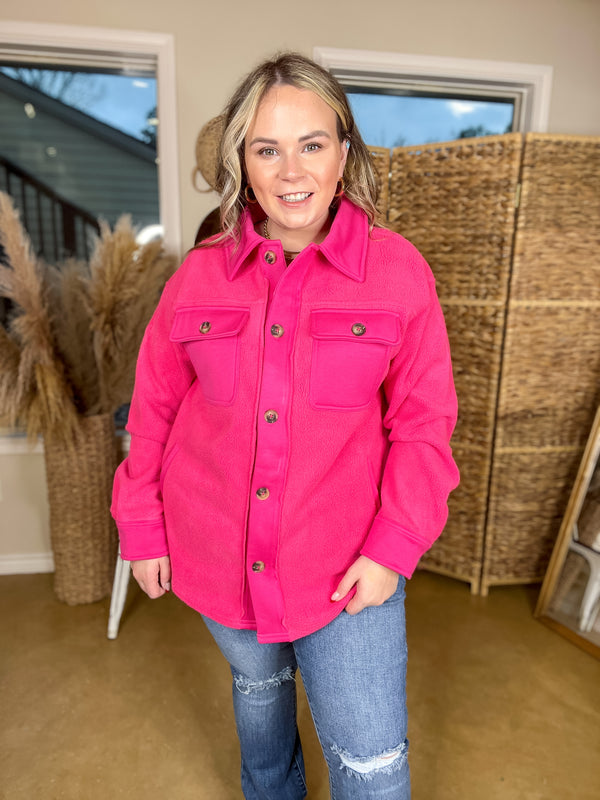 Hollywood Hike Button Up Fleece Jacket with Pockets in Hot Pink