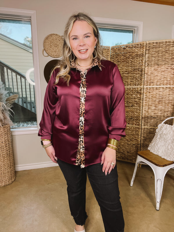 Sugar On Top Long Sleeve Button Up Satin Top with Leopard Print Trim in Maroon
