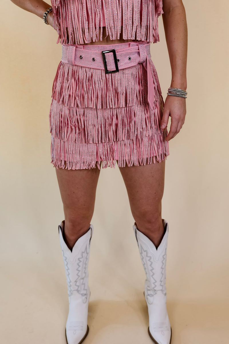 Cowboy Killer Crystal Fringe Mini Skirt in Light Pink