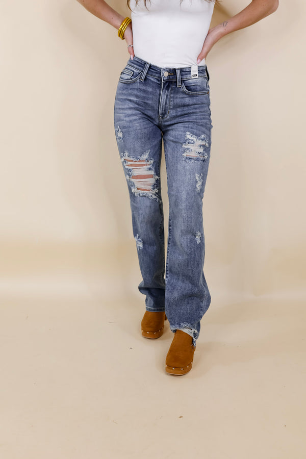 Judy Blue | Making Mischief Distressed Straight Leg Jeans in Medium Wash