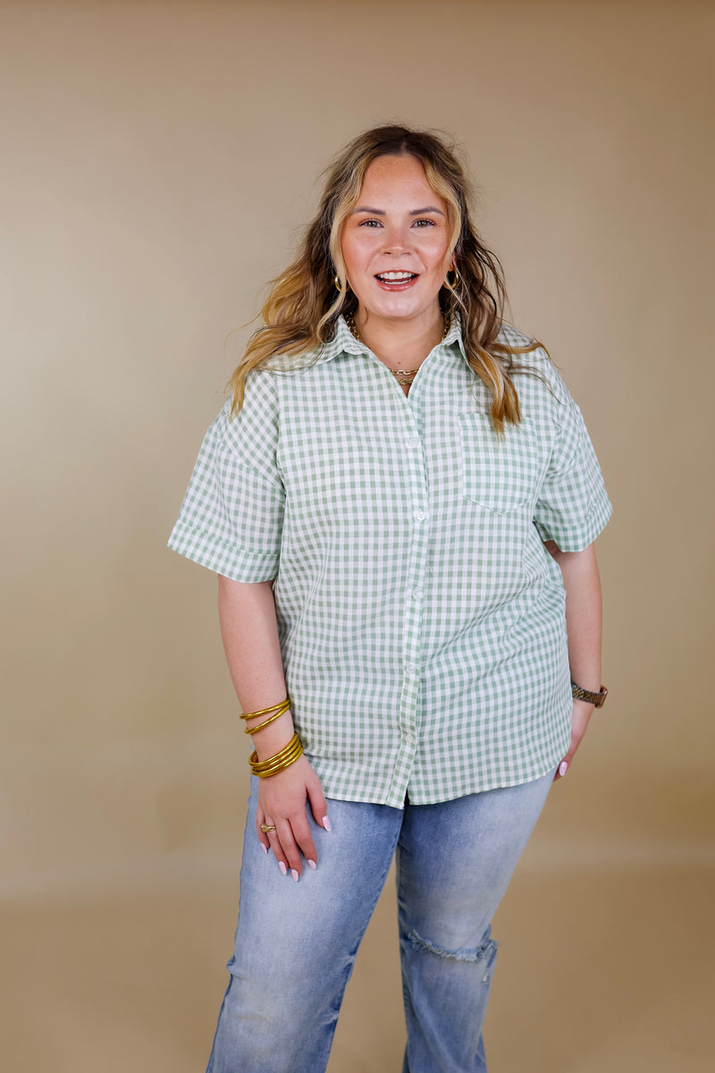 What A Rush Button Up Gingham Short Sleeve Top in Sage Green