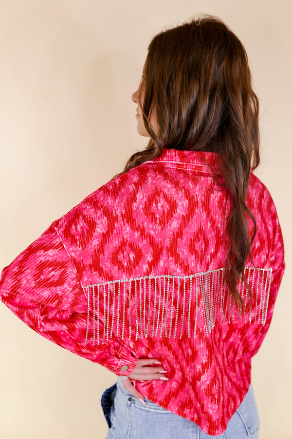 Stay Sweet Mosaic Print Corduroy Jacket with Crystal Fringe Back in Pink and Red