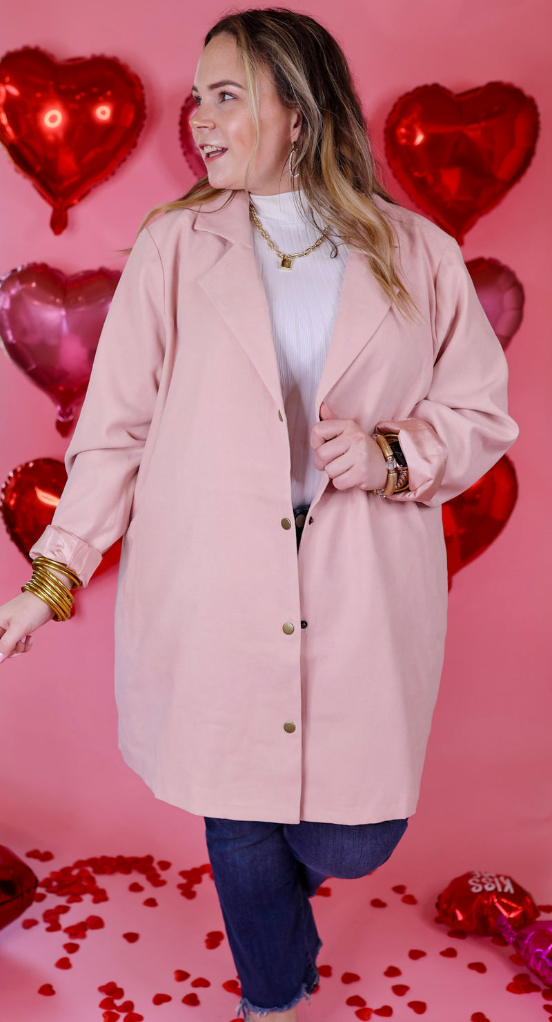 On Mountain Time Long Button Up Blazer in Pale Pink