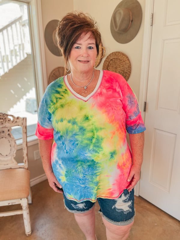 Bright Forecasts Tie Dye V Neck Top in Neon Pink, Yellow, and Blue