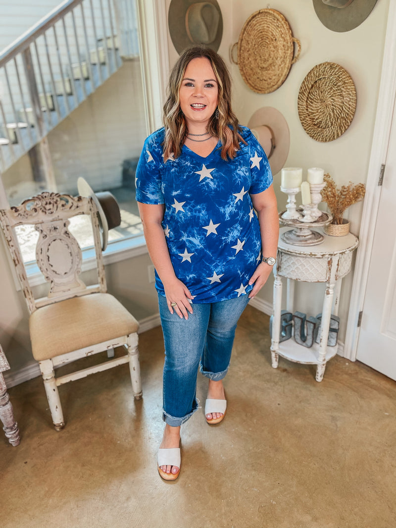 Keep Things Simple Tie Dye with Stars V Neck Tee in Royal Blue